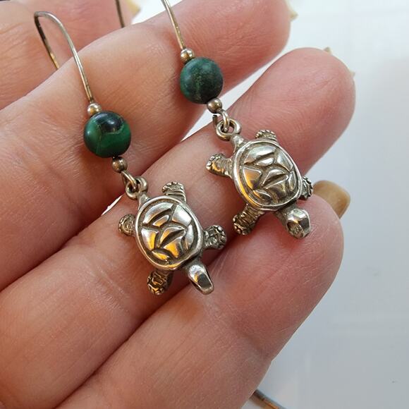 VTG Sterling Silver & Malachite Turtle Earrings Tube and Bead Necklace Set 1970s - Picture 3 of 8